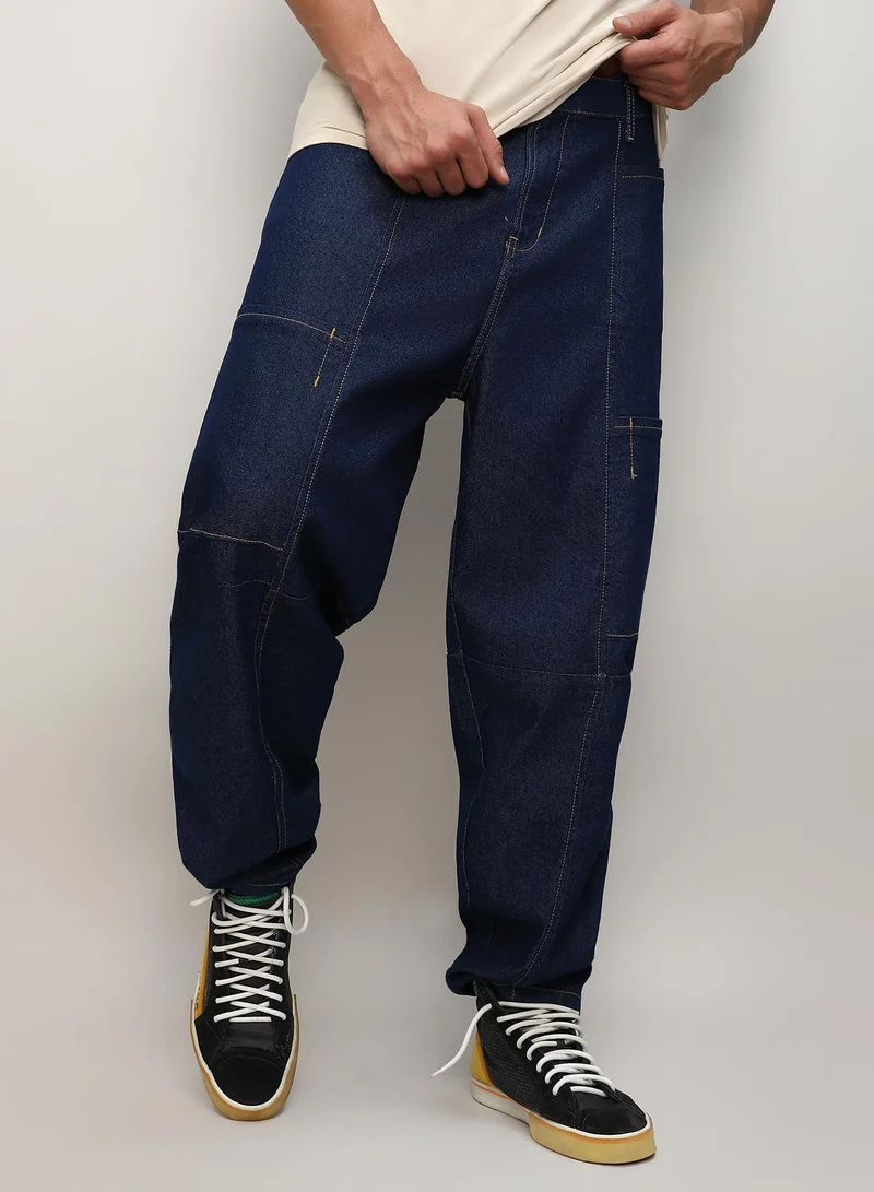 كامبوس سوترا Men's Navy Blue Baggy Cargo Denim Jeans For Everyday Wear | Dark-Wash |  Button Closure | Oversized Fit | Denim Jeans Crafted With Comfort Fit For Everyday Wear